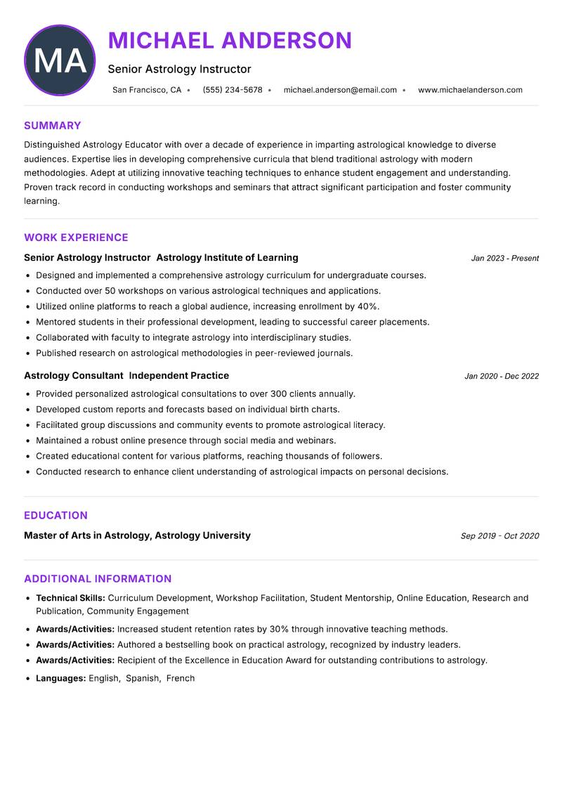 Astrology Educator resume example — ATS-friendly template
