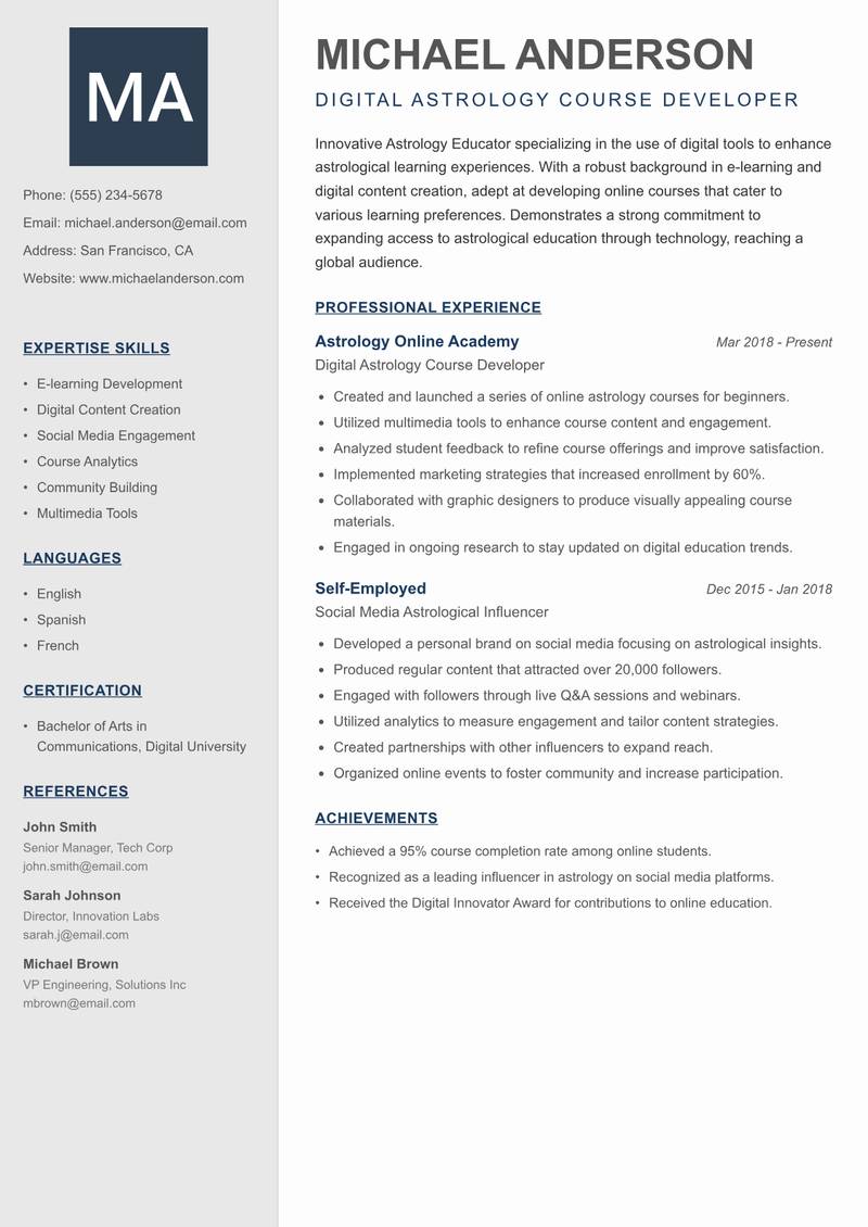 Astrology Educator resume template — Creative Minimal