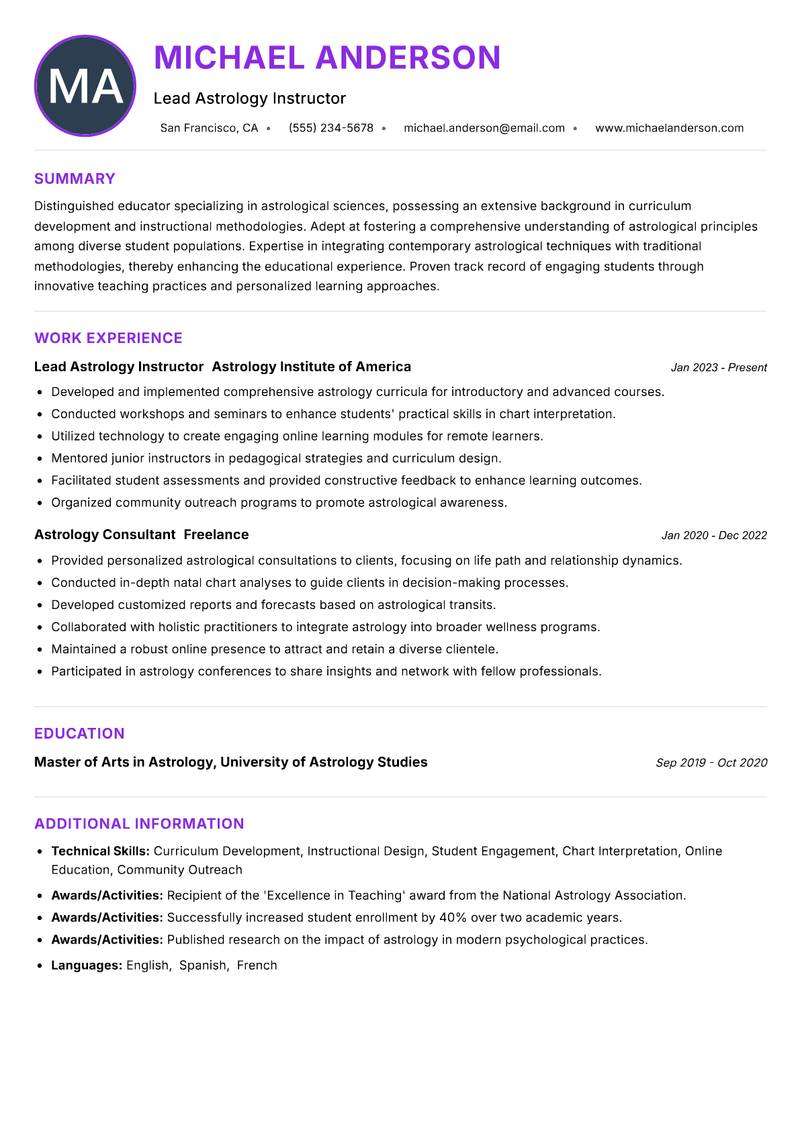 Astrology Instructor resume example — ATS-friendly template
