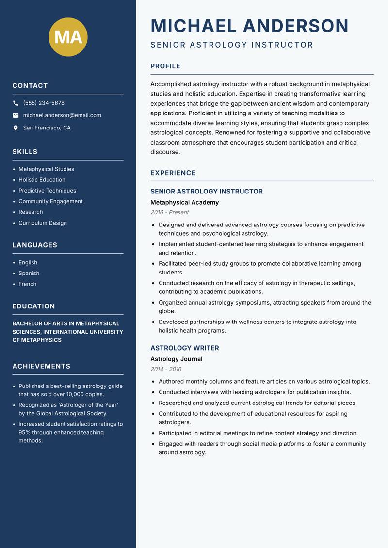 Astrology Instructor resume template — Classic Clean