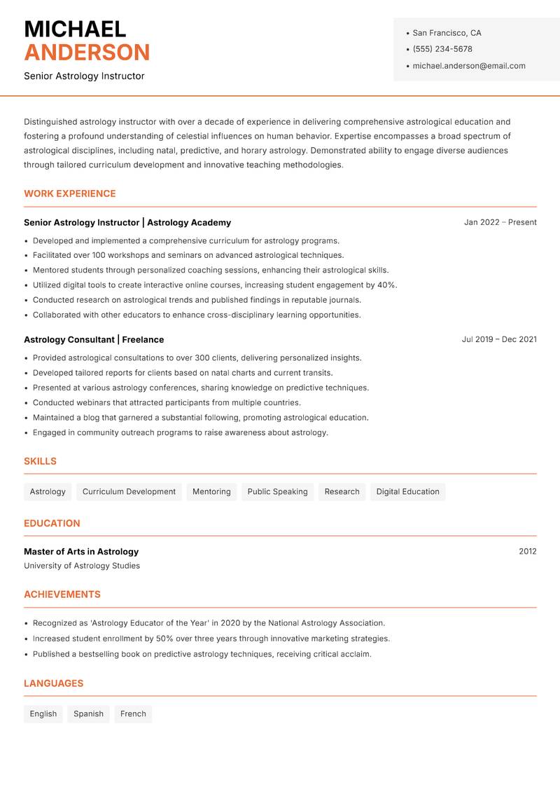 Astrology Instructor resume template — Modern Professional