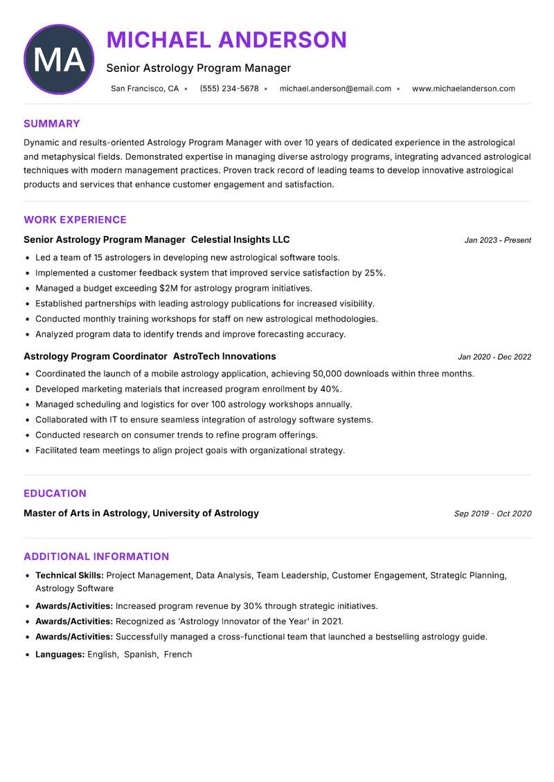 Astrology Program Manager resume example — ATS-friendly template