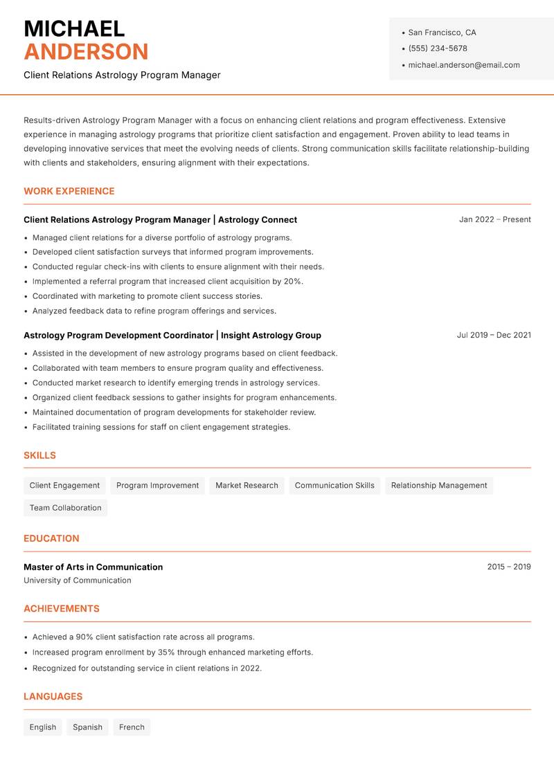 Astrology Program Manager resume template — Modern Professional