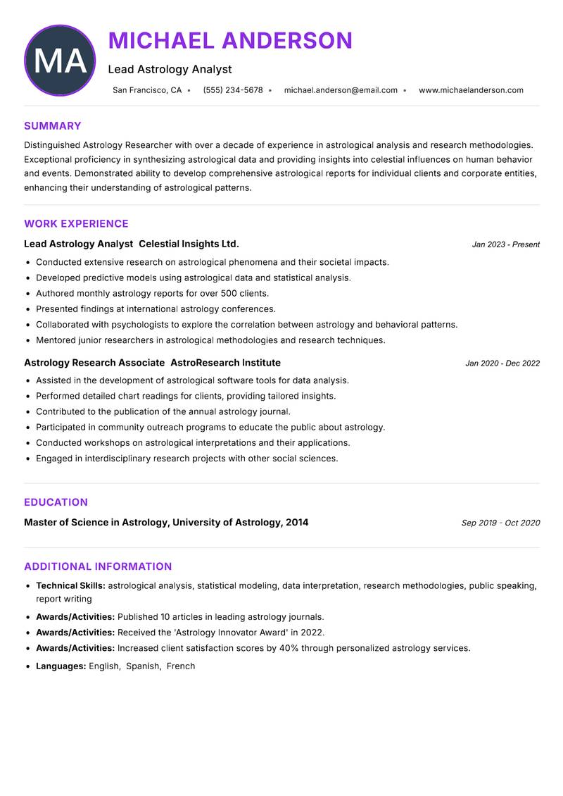 Astrology Researcher resume example — ATS-friendly template