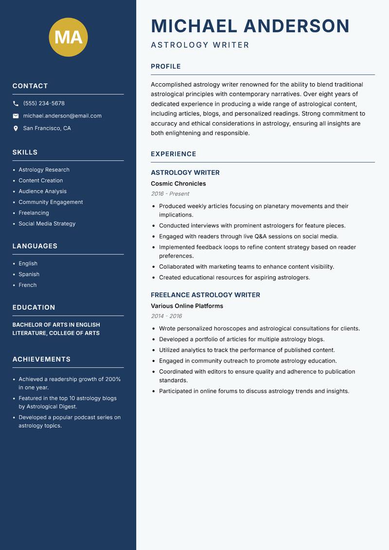 Astrology Writer resume template — Classic Clean