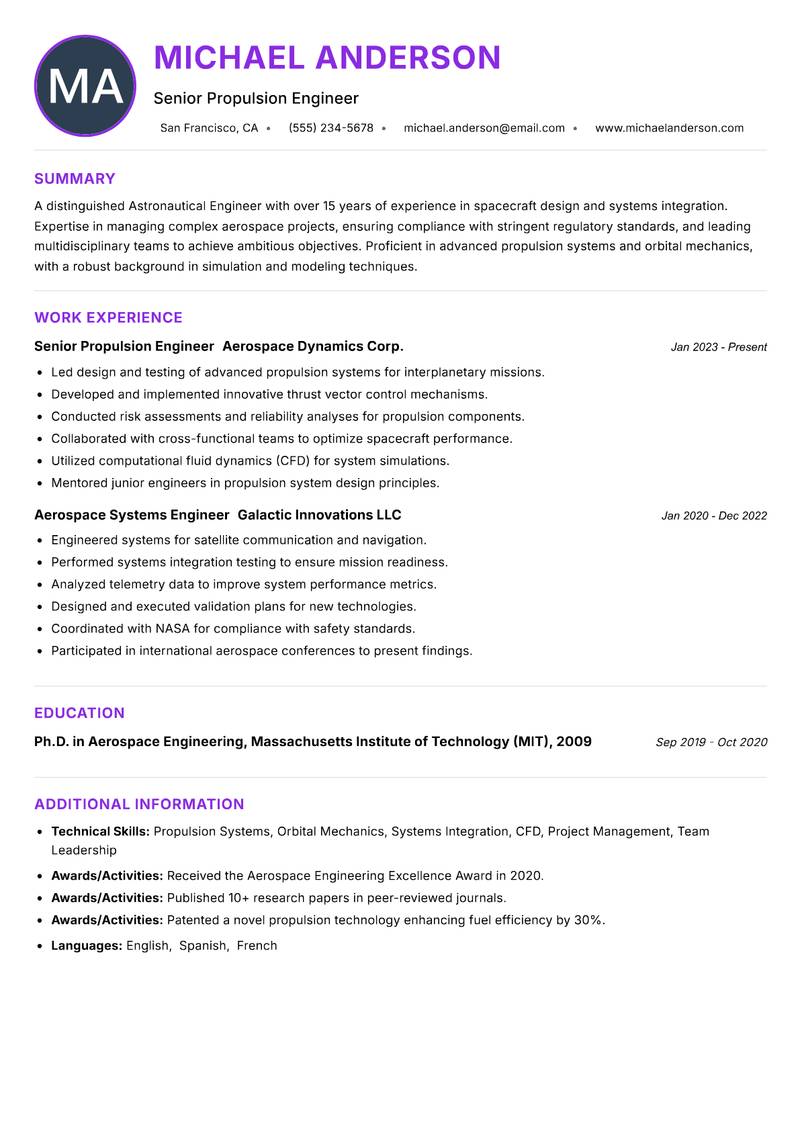 Astronautical Engineer resume example — ATS-friendly template