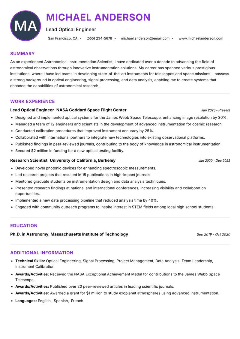 Astronomical Instrumentation Scientist resume example — ATS-friendly template