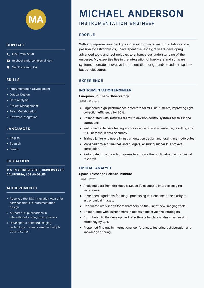 Astronomical Instrumentation Scientist resume template — Classic Clean