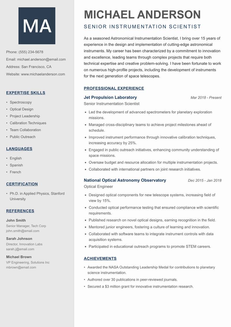 Astronomical Instrumentation Scientist resume template — Creative Minimal