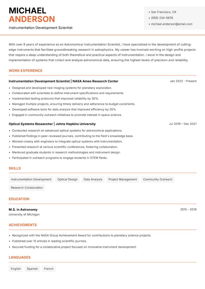 Astronomical Instrumentation Scientist resume template — Modern Professional