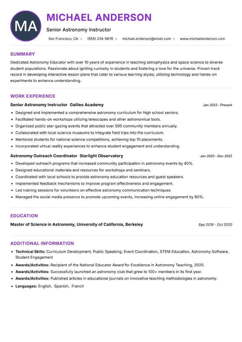 Astronomy Educator resume example — ATS-friendly template