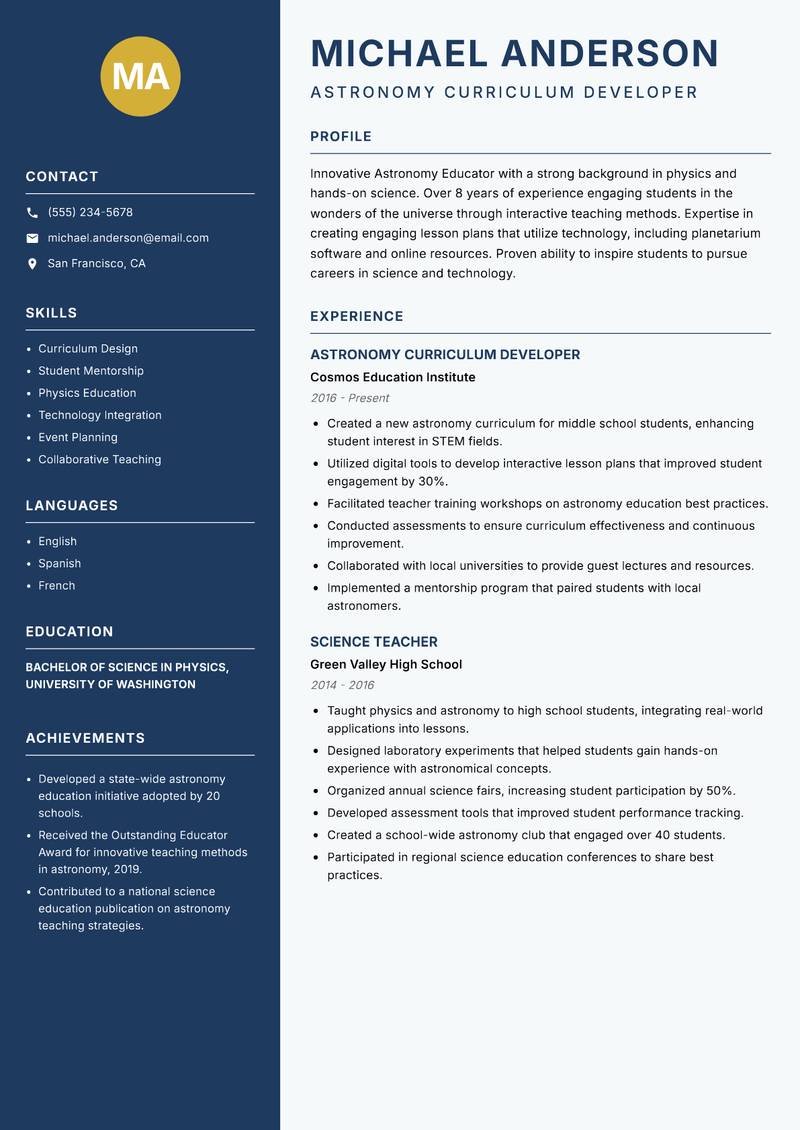 Astronomy Educator resume template — Classic Clean