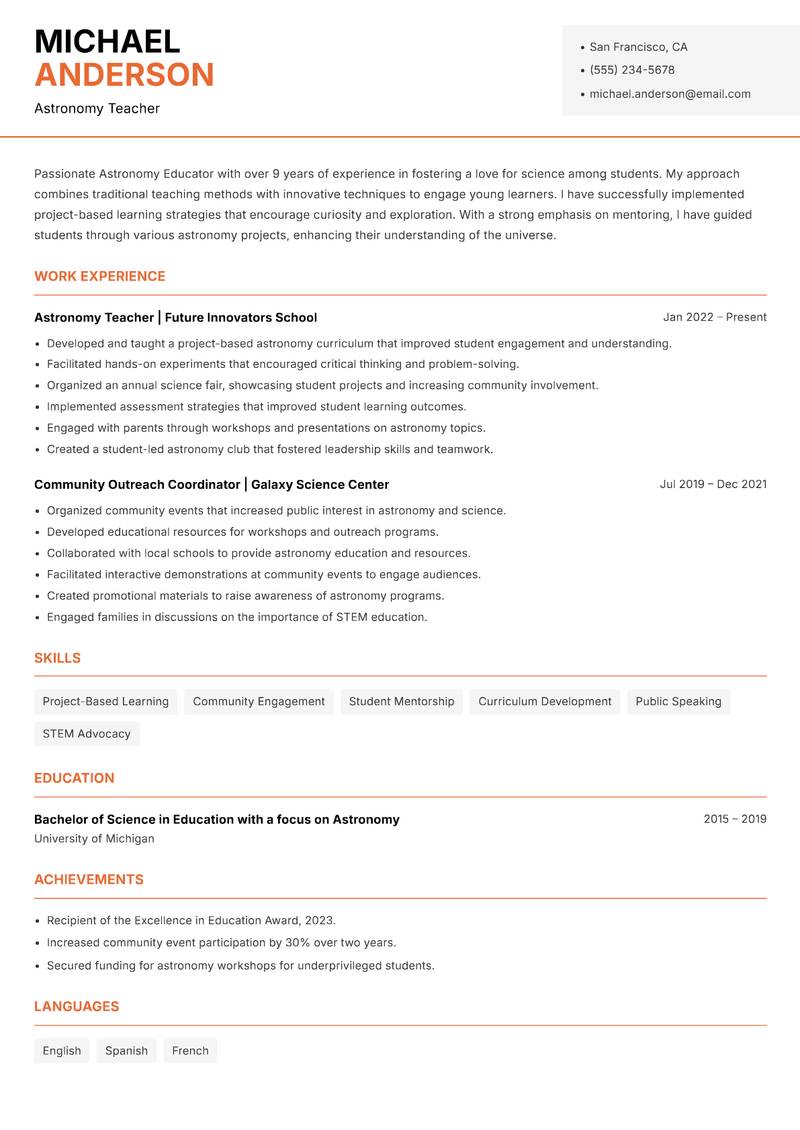 Astronomy Educator resume template — Modern Professional