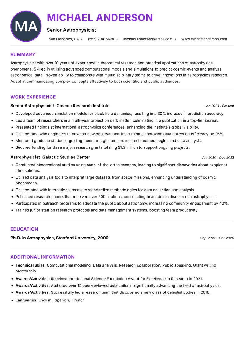 Astrophysicist resume example — ATS-friendly template