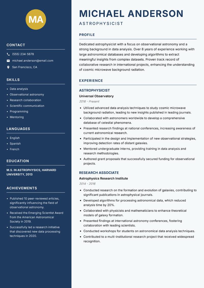 Astrophysicist resume template — Classic Clean