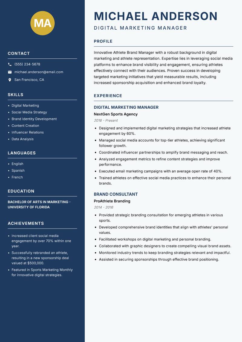 Athlete Brand Manager resume template — Classic Clean