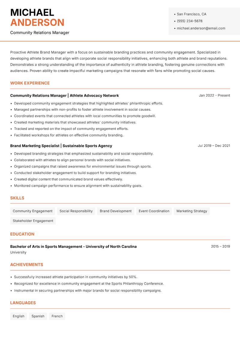 Athlete Brand Manager resume template — Modern Professional