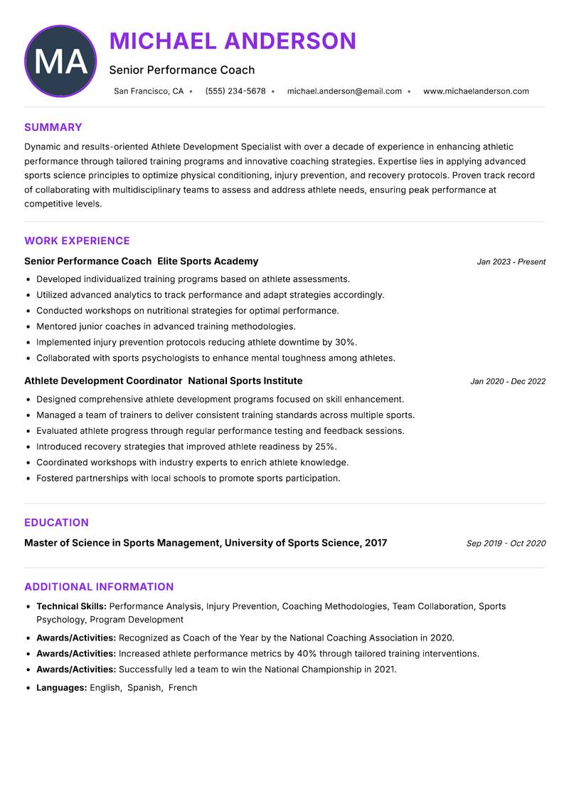 Athlete Development Specialist resume example — ATS-friendly template