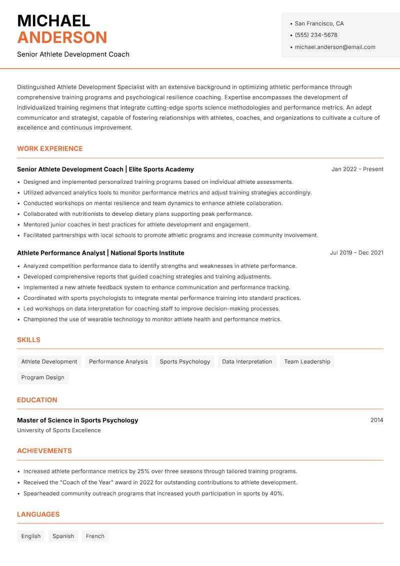 Athlete Development Specialist resume template — Modern Professional