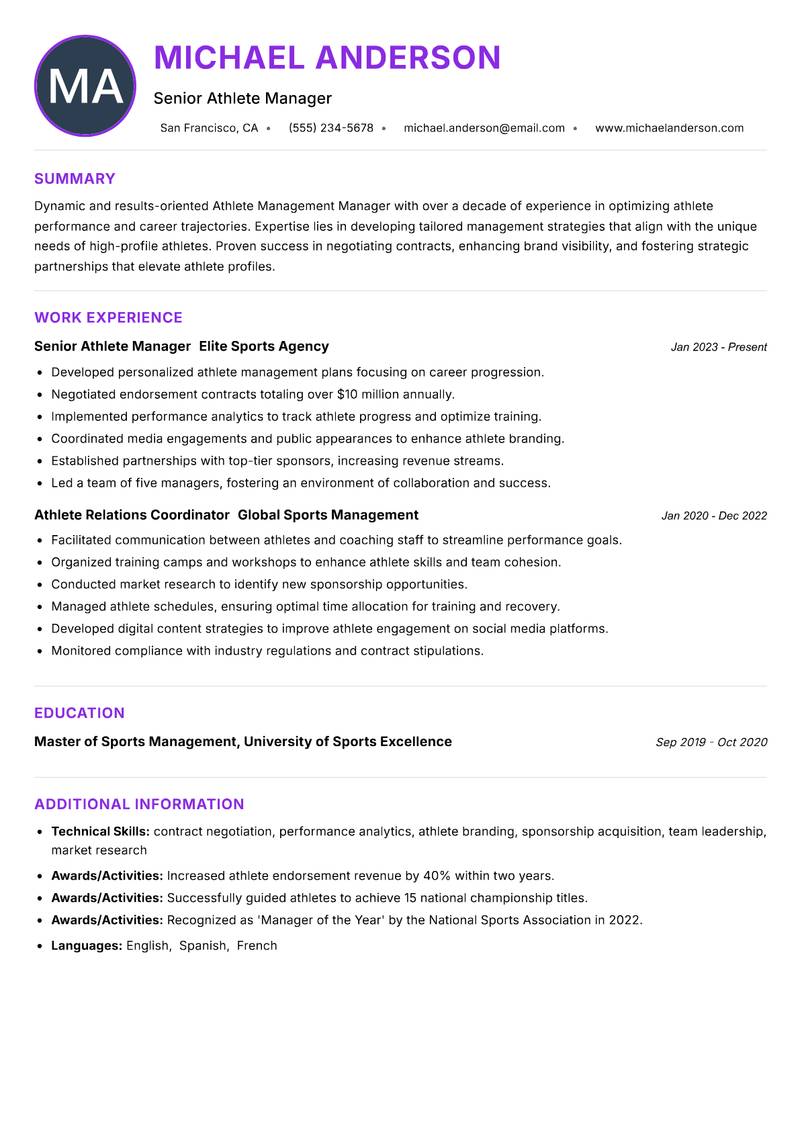 Athlete Management Manager resume example — Sports Management
