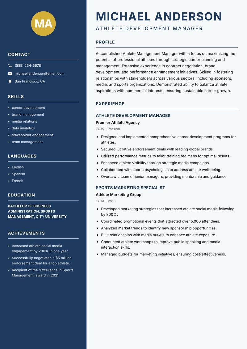 Athlete Management Manager resume template — Classic Clean