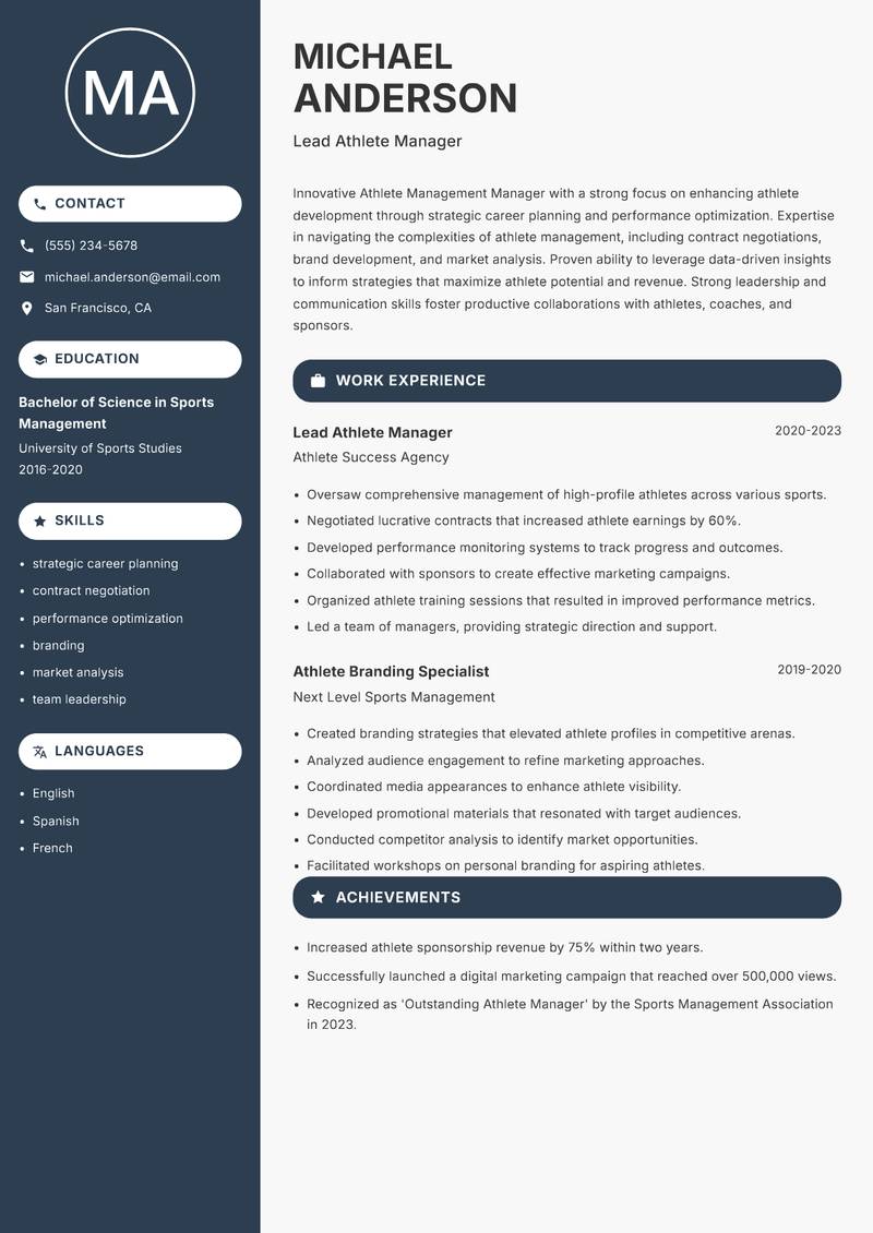 Athlete Management Manager resume template — Compact