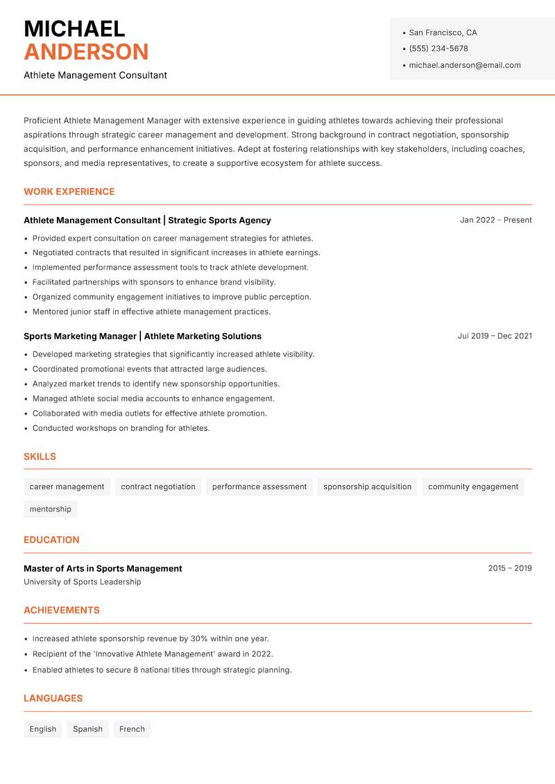 Athlete Management Manager resume template — Modern Professional