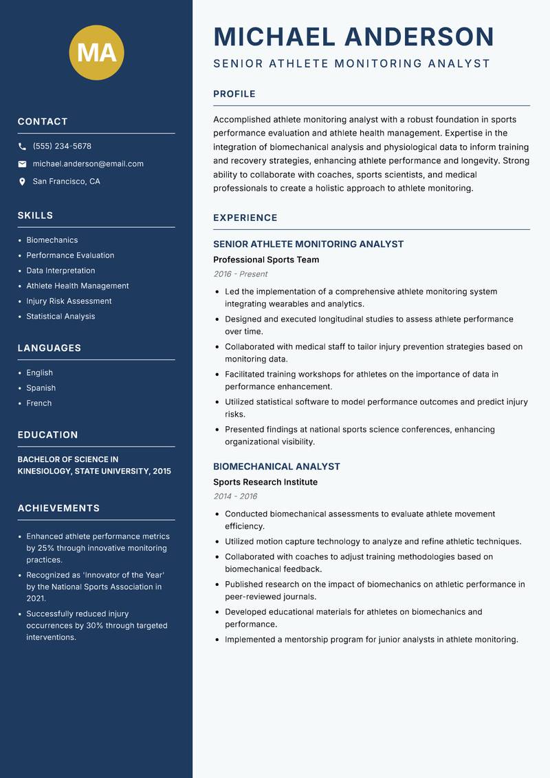 Athlete Monitoring Analyst resume template — Classic Clean