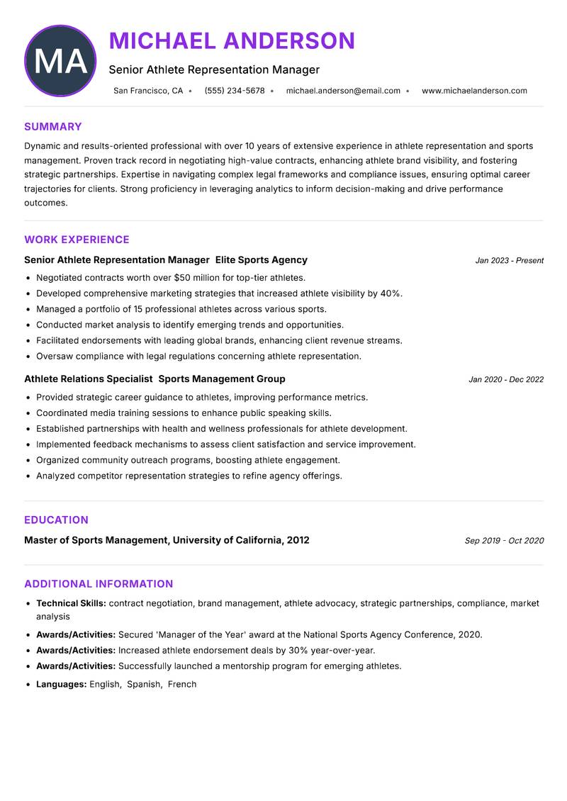 Athlete Representation Manager resume example — ATS-friendly template