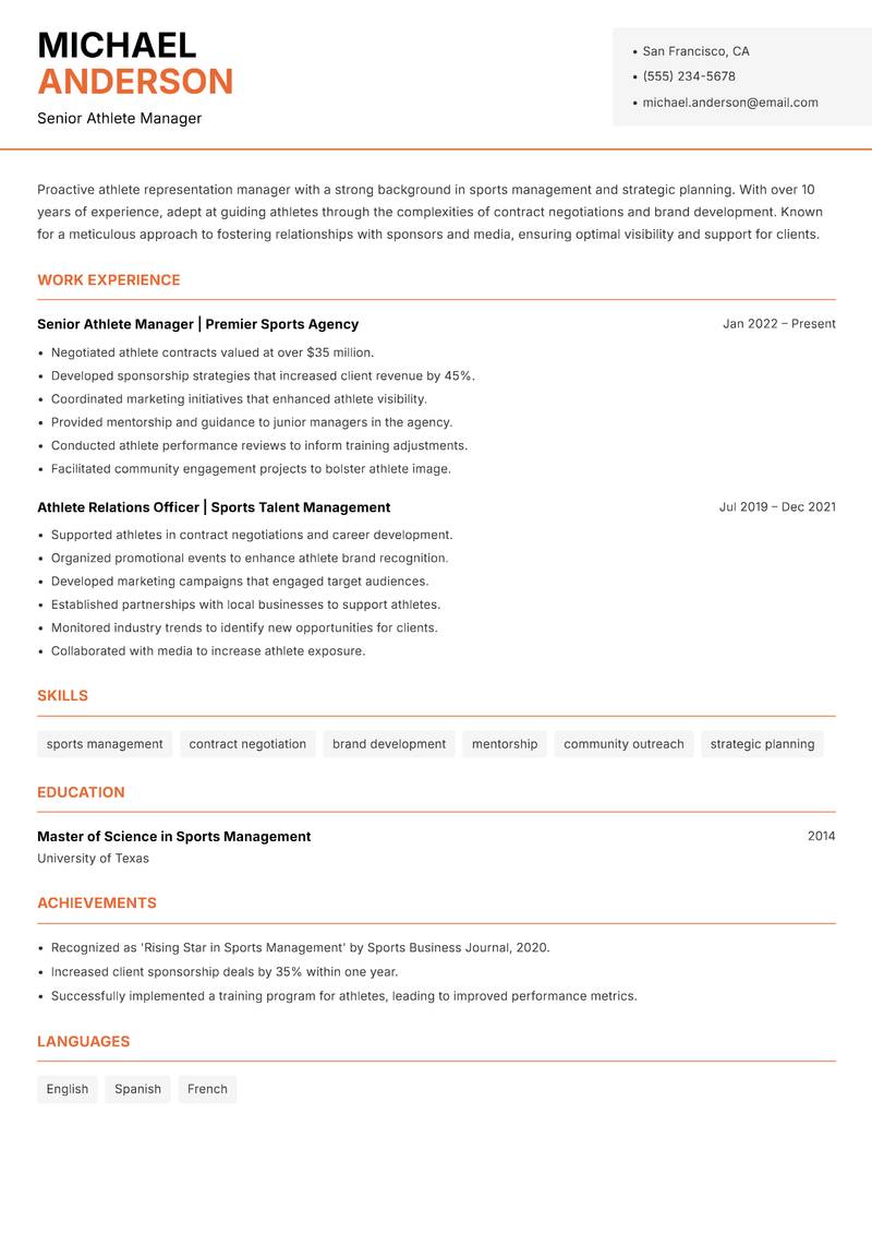 Athlete Representation Manager resume template — Modern Professional