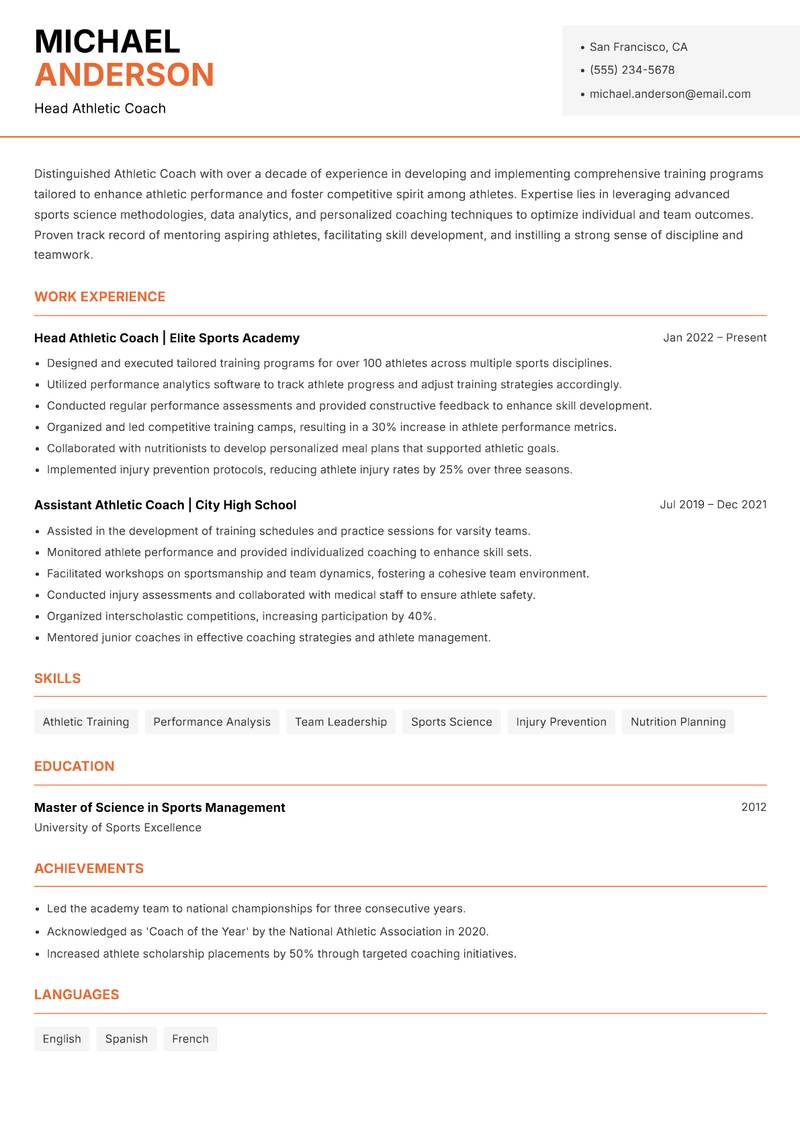 Athletic Coach resume template — Modern Professional