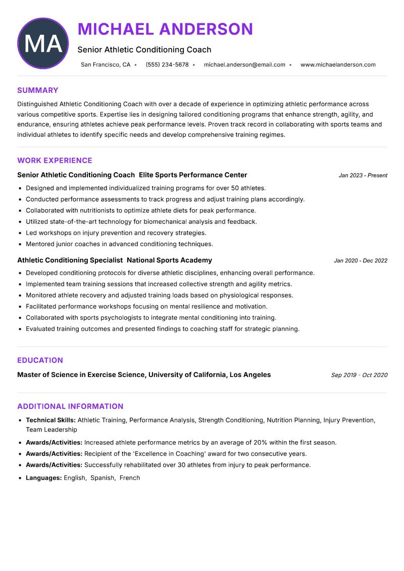Athletic Conditioning Coach resume example — Personal Training