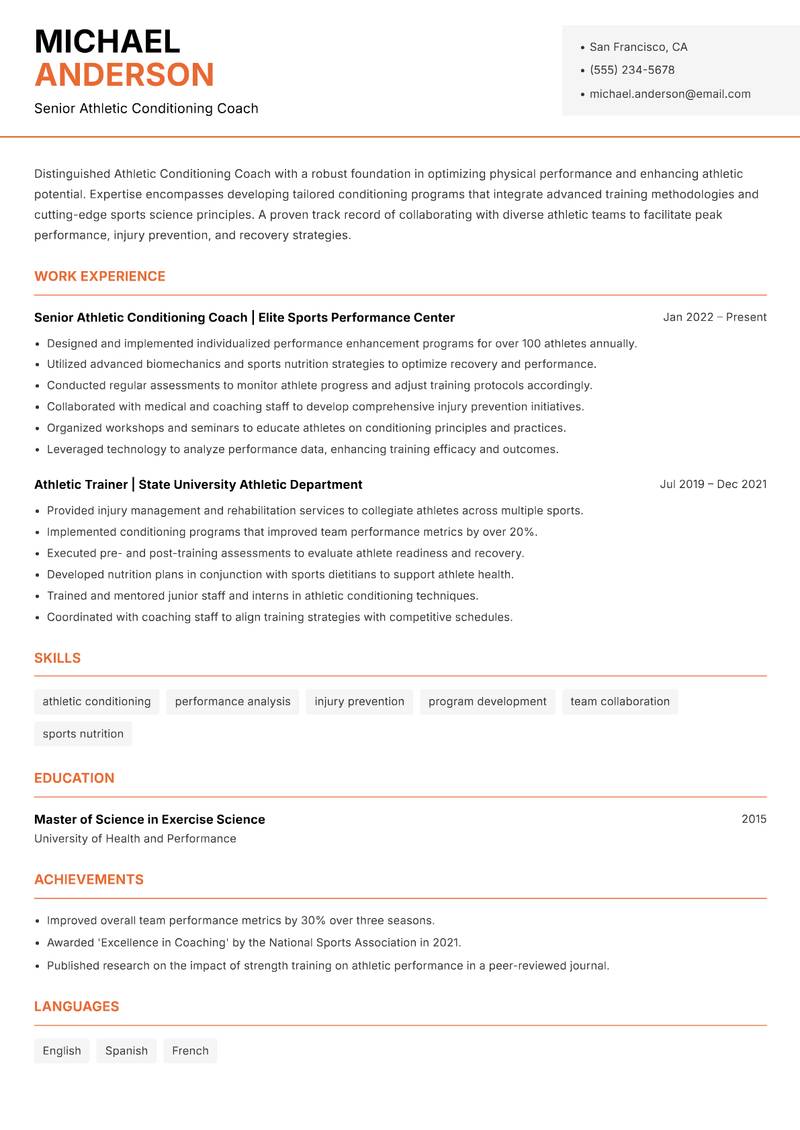 Athletic Conditioning Coach resume template — Modern Professional