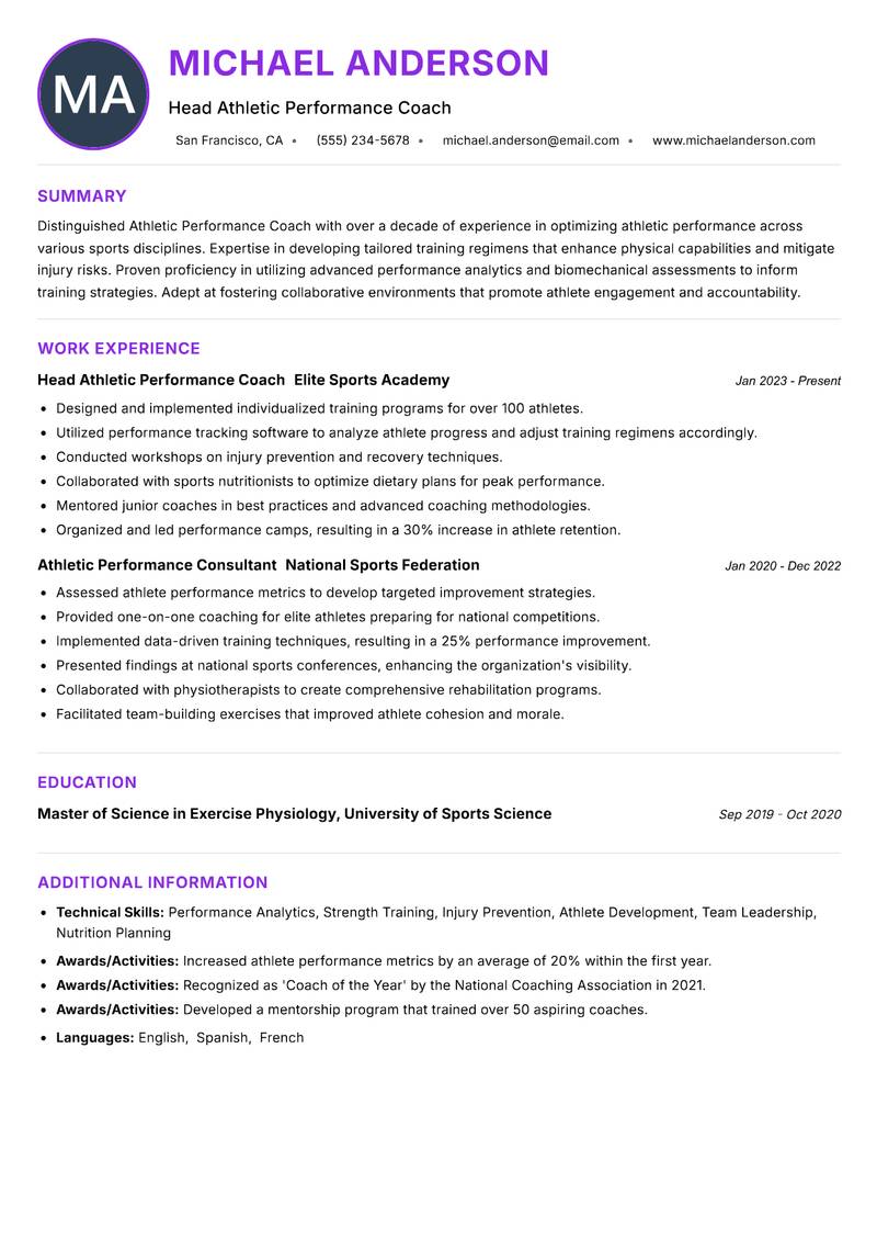 Athletic Performance Coach resume example — ATS-friendly template