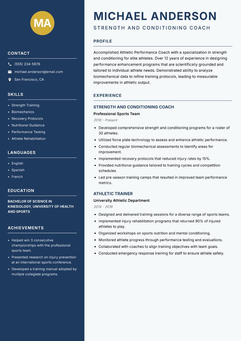Athletic Performance Coach resume template — Classic Clean