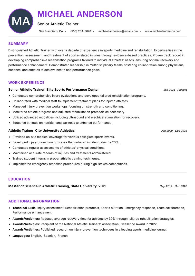 Athletic Trainer resume example — ATS-friendly template