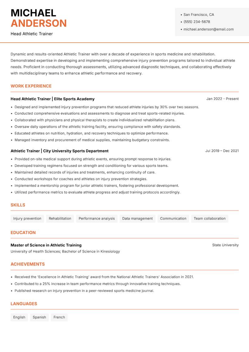 Athletic Trainer resume template — Modern Professional