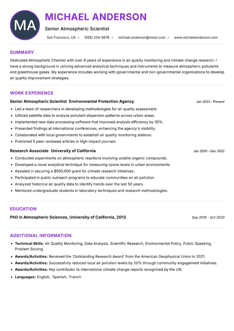 Atmospheric Chemist resume example — ATS-friendly template