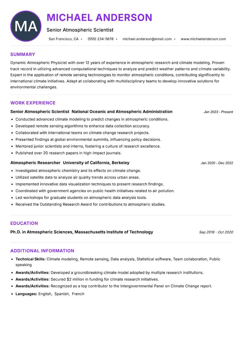 Atmospheric Physicist resume example — ATS-friendly template