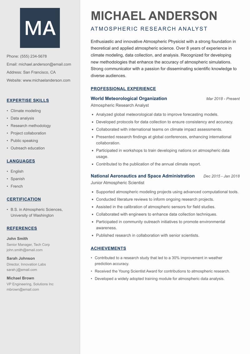 Atmospheric Physicist resume template — Creative Minimal