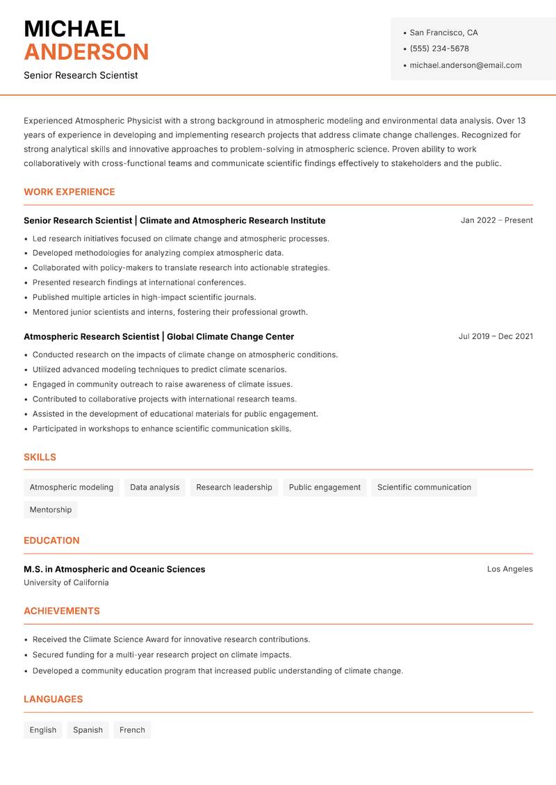 Atmospheric Physicist resume template — Modern Professional