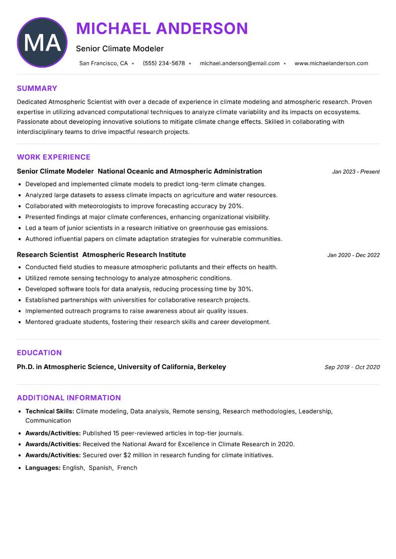Atmospheric Scientist resume example — ATS-friendly template
