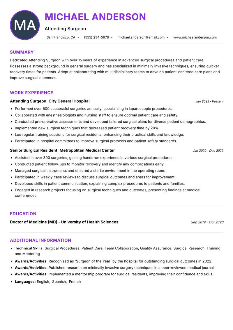 Attending Surgeon resume example — ATS-friendly template