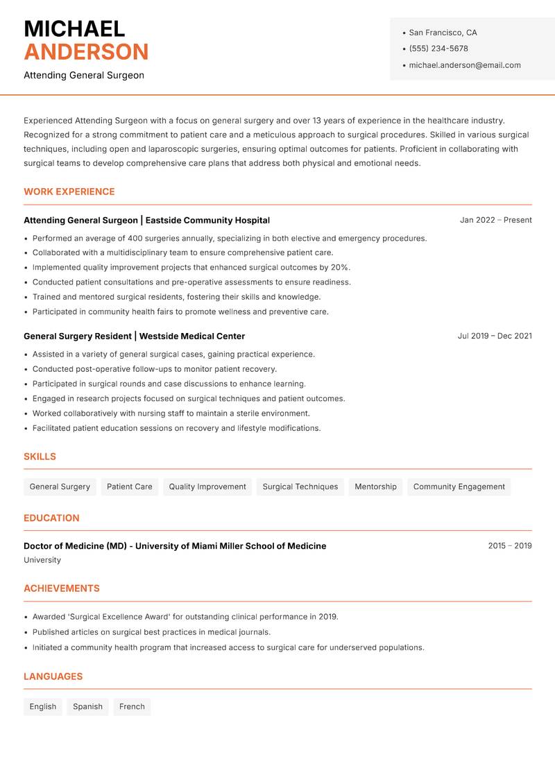 Attending Surgeon resume template — Modern Professional