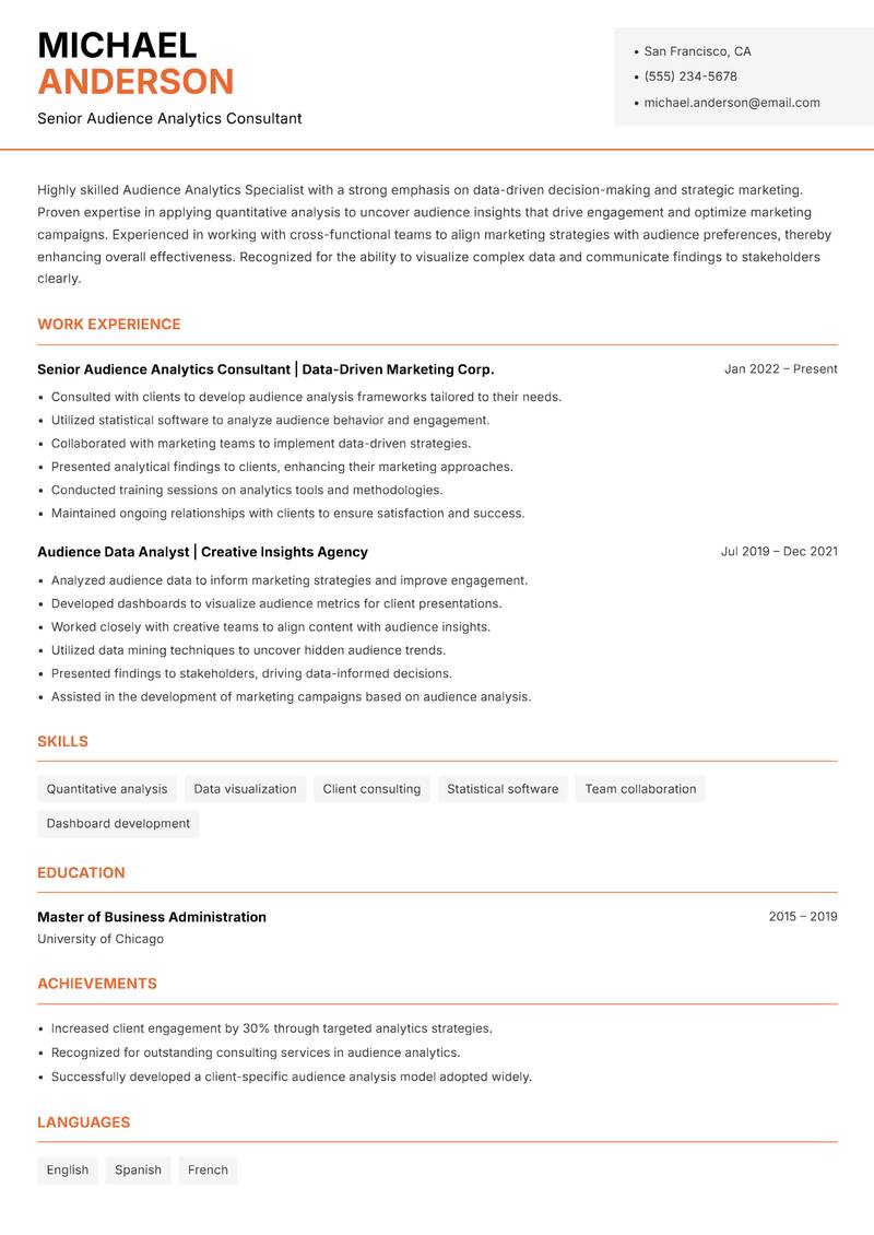 Audience Analytics Specialist resume template — Modern Professional