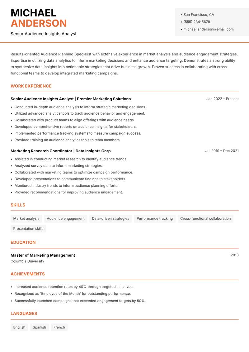 Audience Planning Specialist resume template — Modern Professional