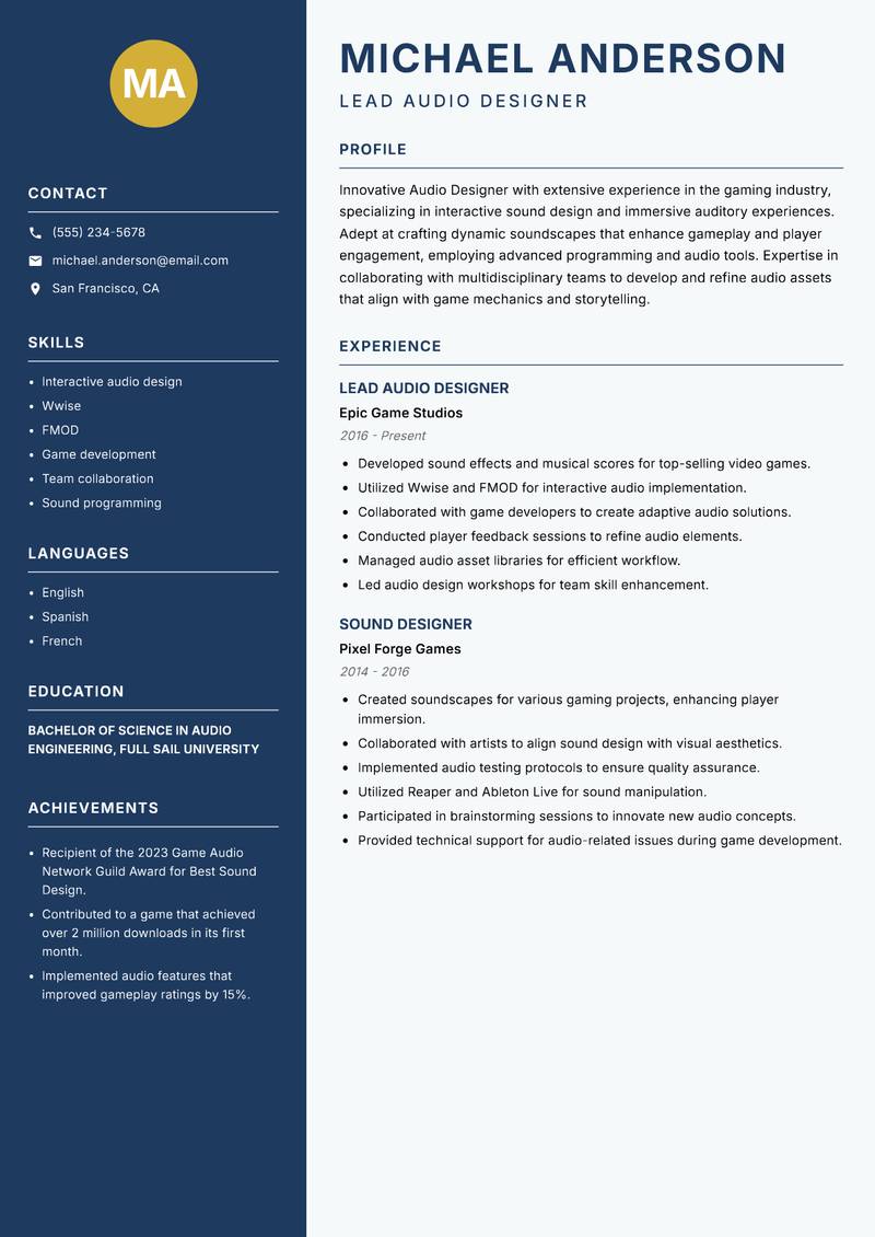 Audio Designer resume template — Classic Clean