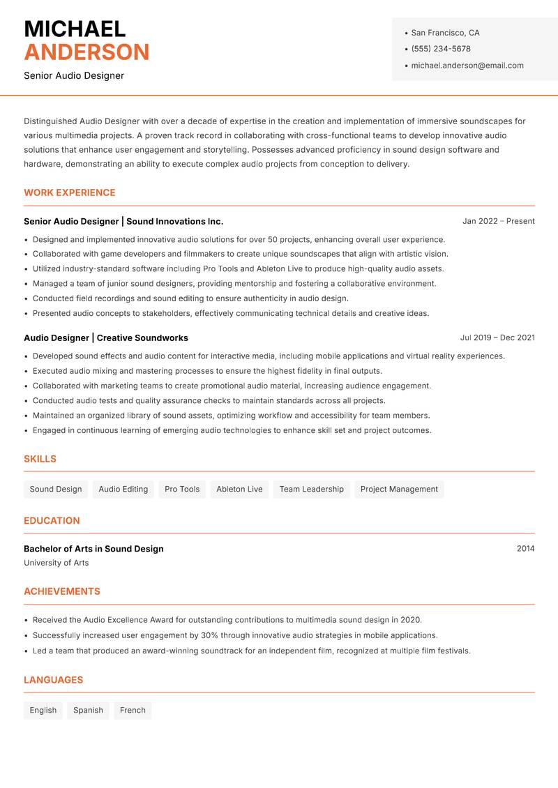 Audio Designer resume template — Modern Professional