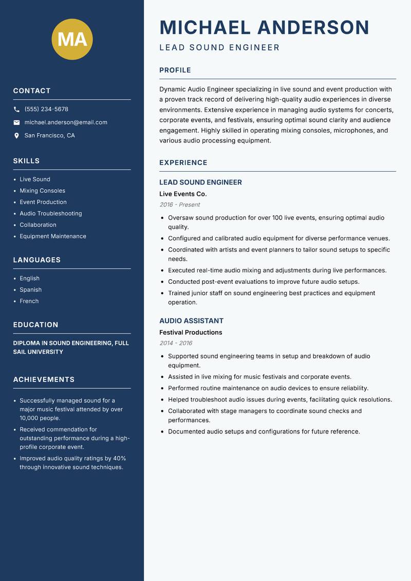 Audio Engineer resume template — Classic Clean