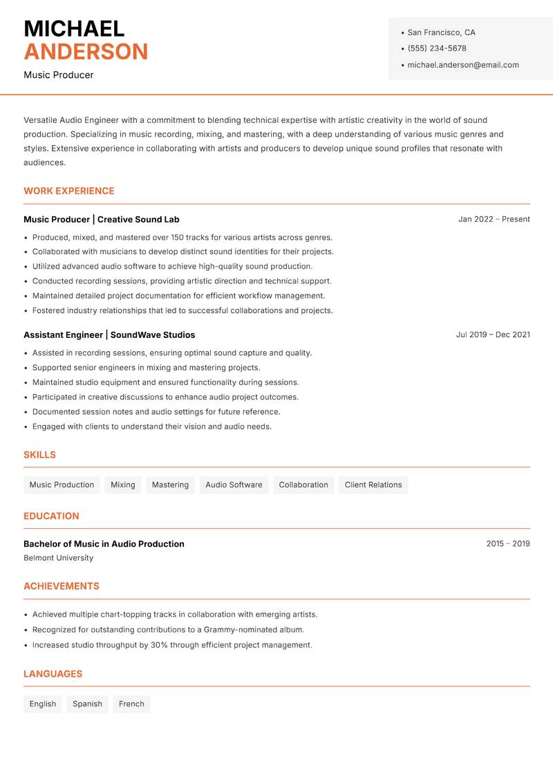 Audio Engineer resume template — Modern Professional